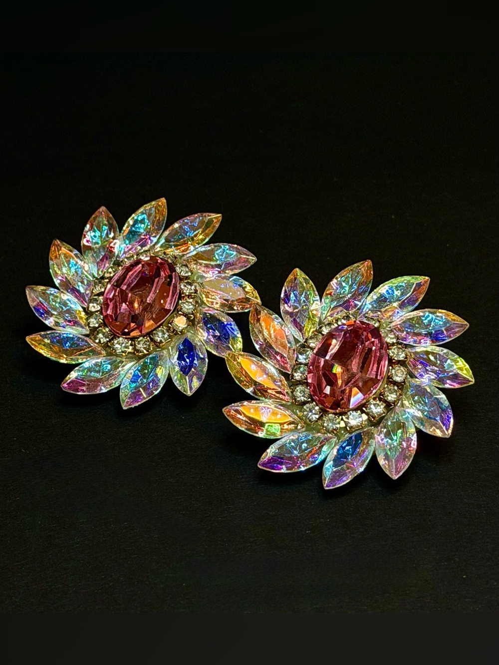 Aurora and Pink Crystal Clip-On Statement Earrings, Stunning iridescence! NWOT